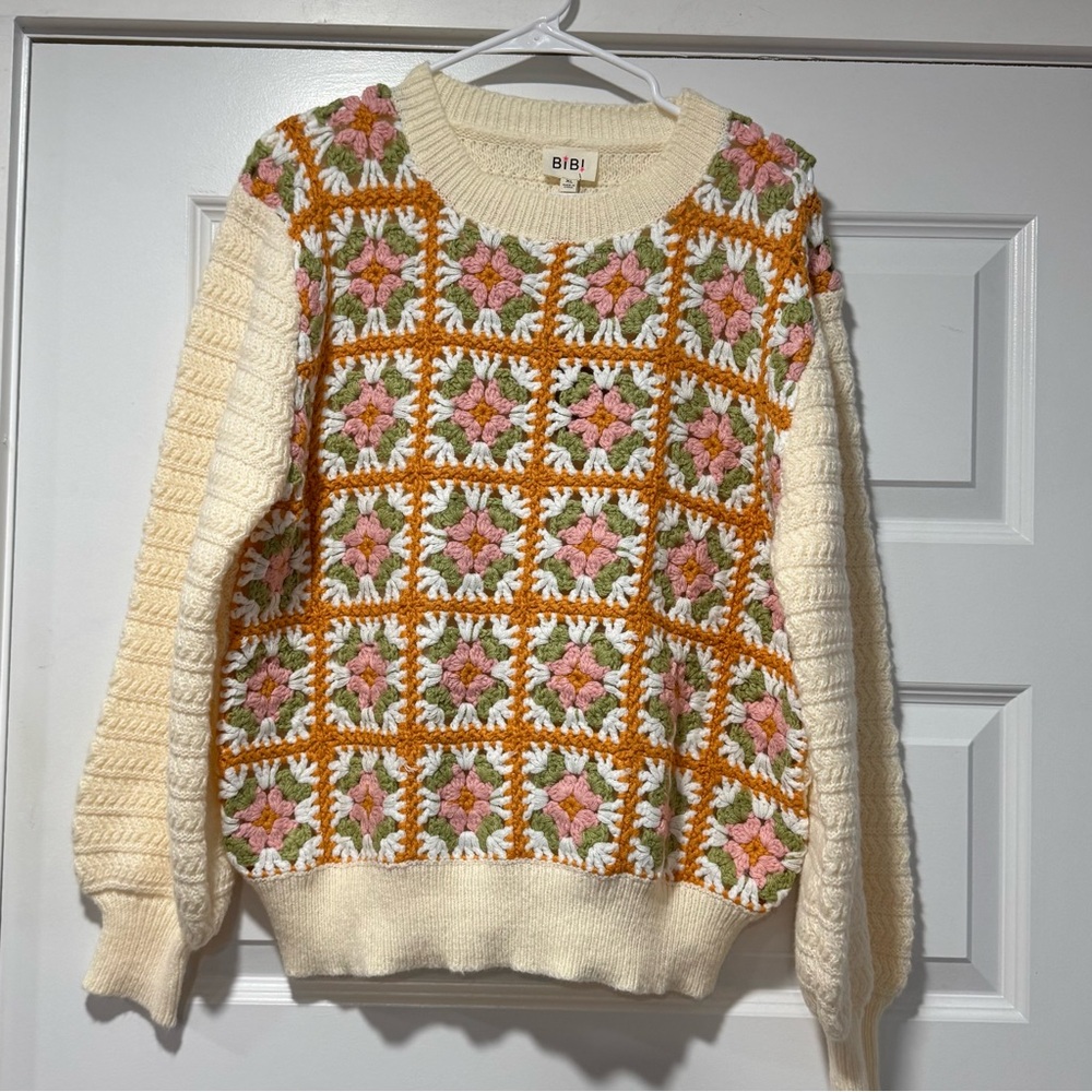 BIBI Floral Crochet Grandma Core Sweater - Cream and Pink NWT XL